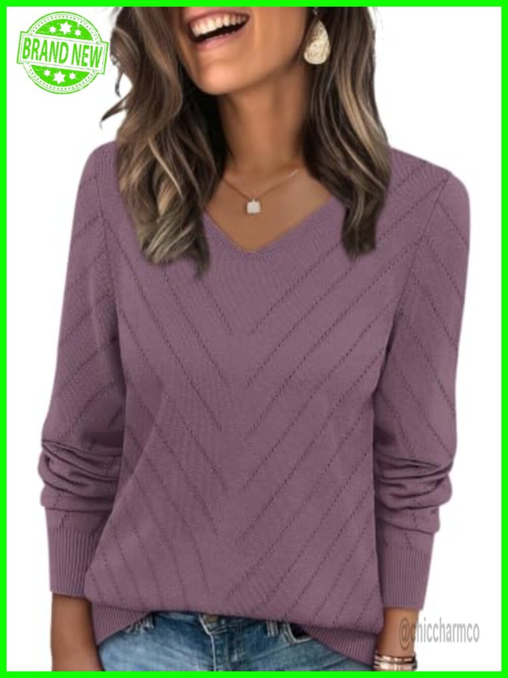 V Neck Crochet Knit Long Sleeve Pullover Sweater Lightweight Office Casual